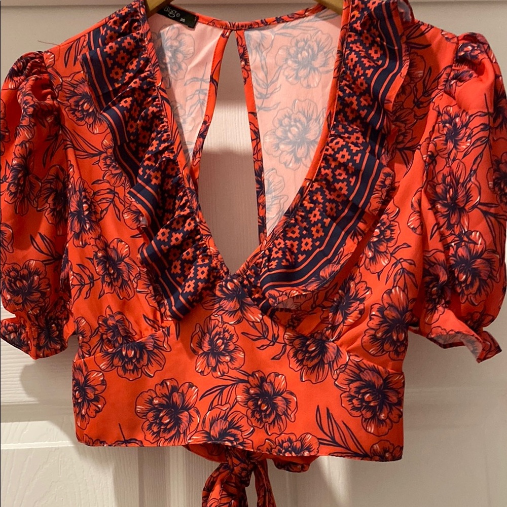 Orange and Black Puff Sleeve Crop Blouse